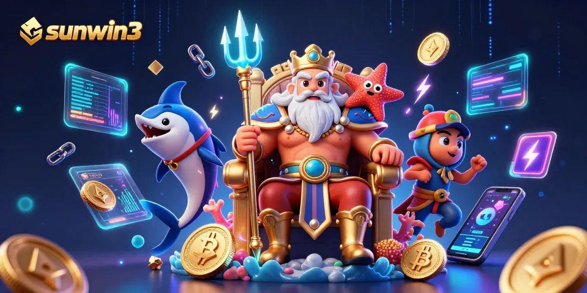 Immerse in the world of sunwin3 with a vibrant, alluring 3D illustration showcasing Neptune and crypto elements.