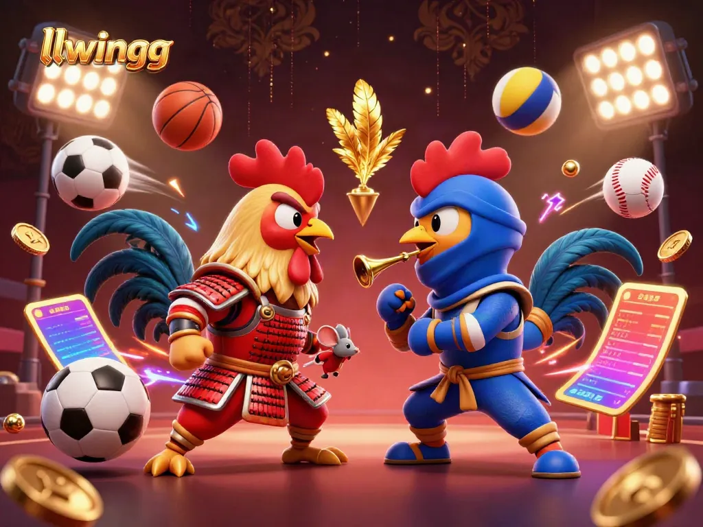 Experience thrilling action with LLWINGG's vibrant casino illustration, featuring dynamic roosters and flying sports elements.