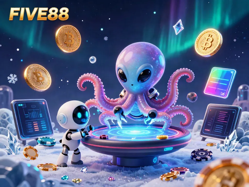 Join the exciting world of FIVE88 with an alien octopus at a holographic poker table.