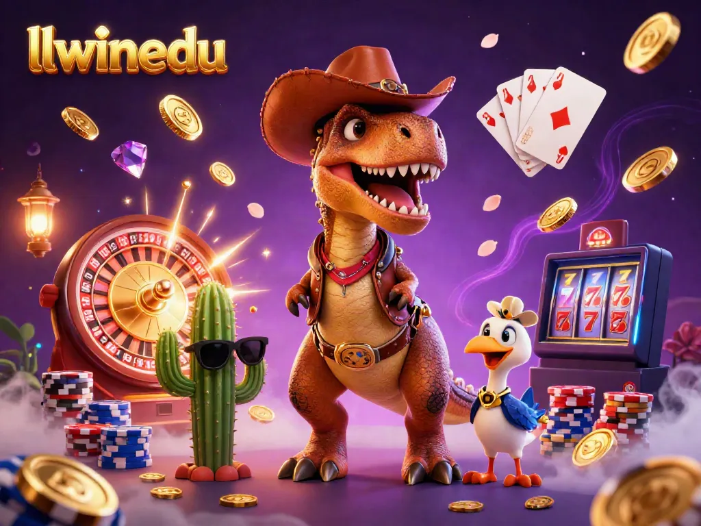 Join the excitement at llwinedu with a thrilling 3D casino scene featuring a T-Rex cowboy and sparkling gaming elements.