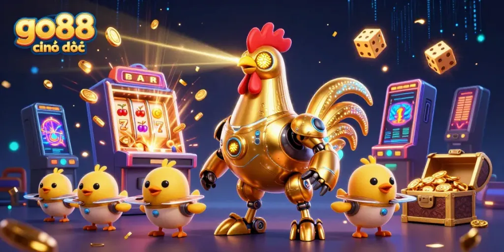 Experience thrilling gaming action with go88 chính thức, featuring vibrant characters and slot machines.
