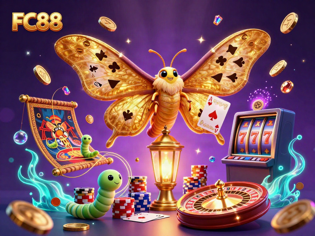 Experience thrilling gameplay at FC88 with an ultra-detailed 3D casino illustration capturing golden moths and vibrant gaming elements.