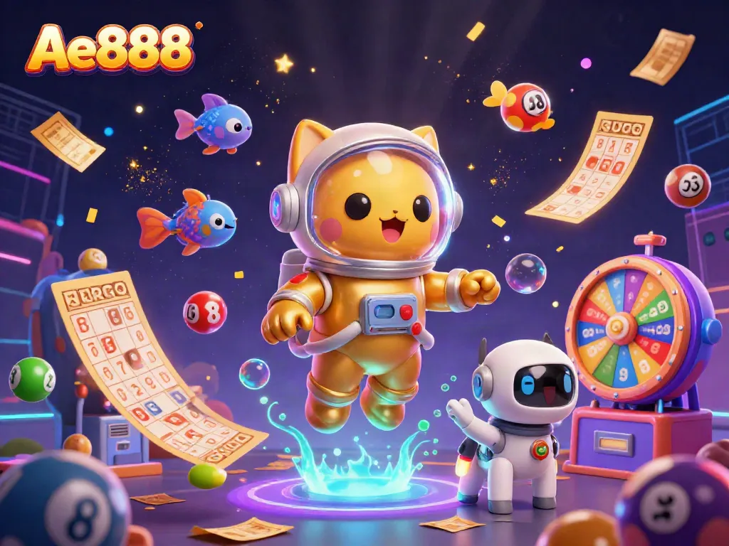 Win big with Ae888 in this vibrant, dynamic 3D casino scene, featuring astronaut cat and lottery elements.