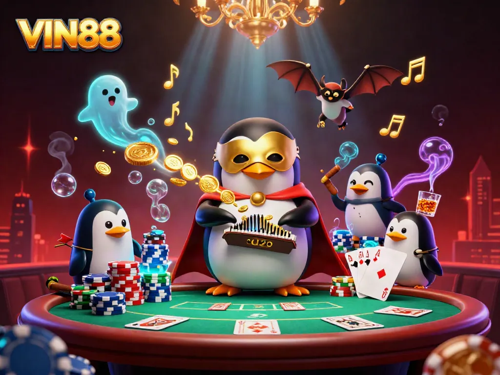 Experience thrilling gameplay at VIN88 with a charismatic penguin playing a pipe organ amidst vibrant casino elements.