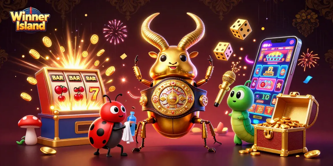 Winner Island showcases vibrant casino elements, with a stylized beetle champion amidst slot machines and treasures.