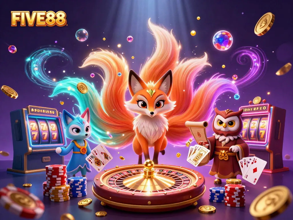Experience the excitement of FIVE88 with vibrant gaming elements and characters in a dynamic casino scene.