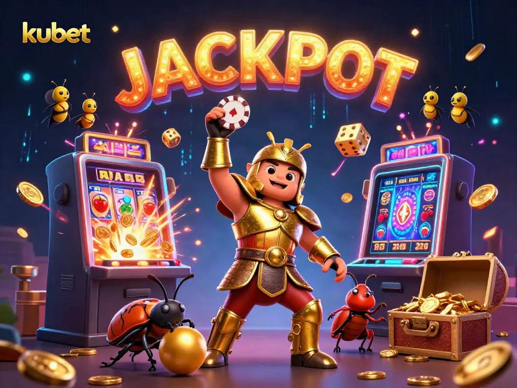 Kubet's golden beetle celebrates a jackpot amidst vibrant casino elements and colors.