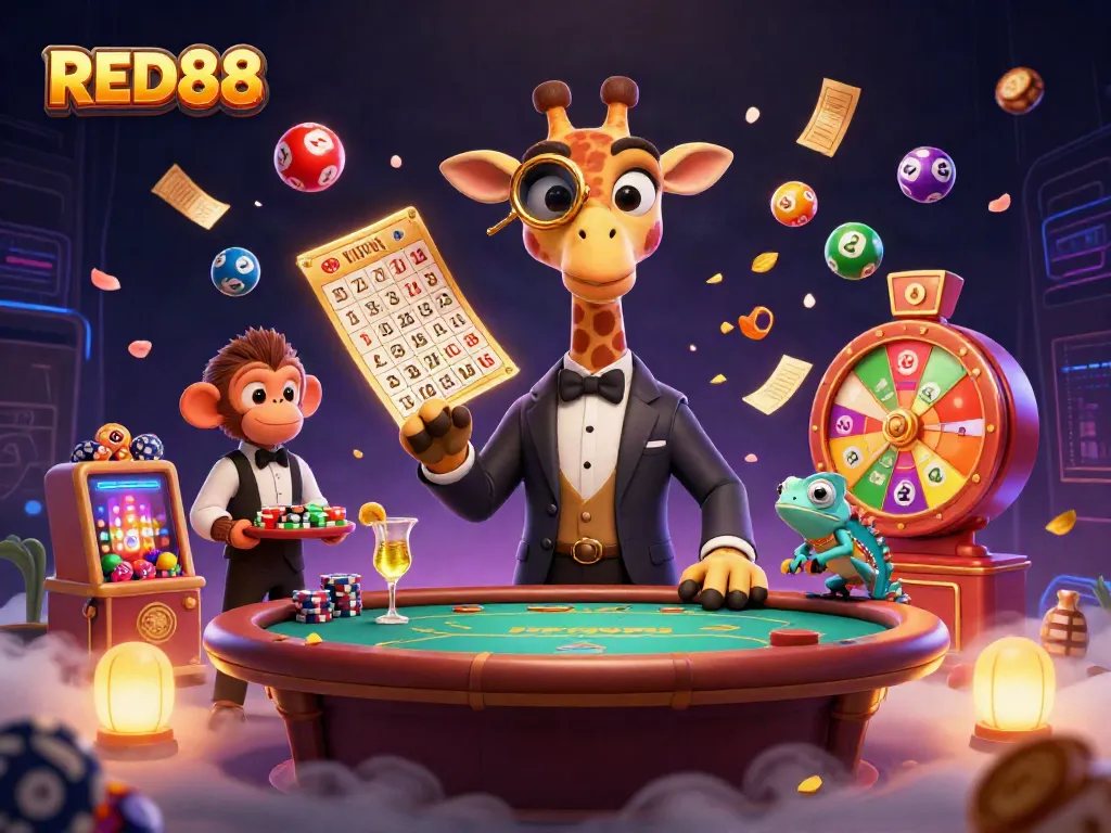 Watch the high-roller giraffe and friends enjoy exciting games at RED88 casino!