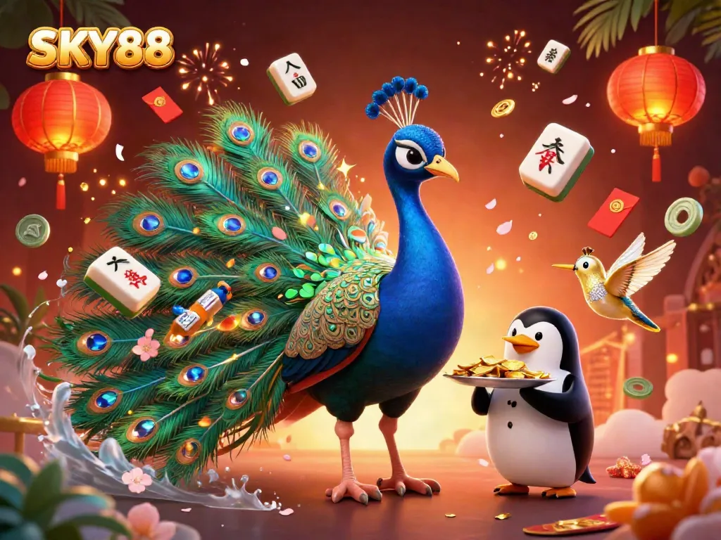Engage in thrilling jackpots at SKY88, featuring peacock and penguin amidst gold and casino elements.
