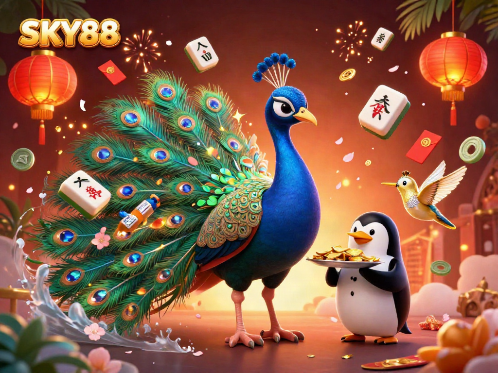 Engage in thrilling jackpots at SKY88, featuring peacock and penguin amidst gold and casino elements.