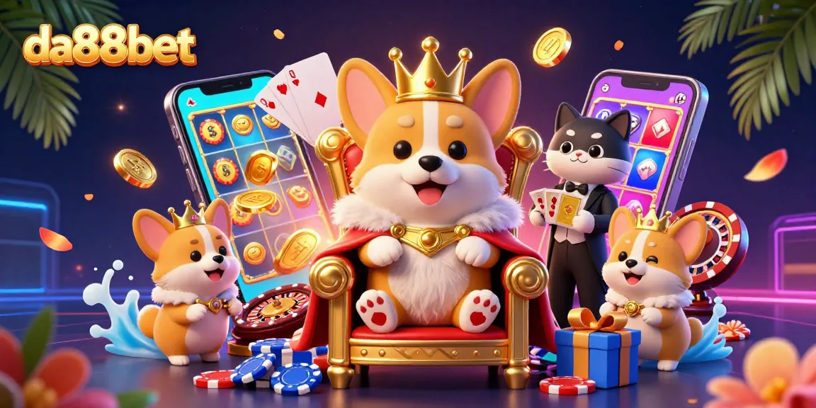 Experience thrilling gameplay at da88bet with corgi royalty amidst vibrant casino elements.