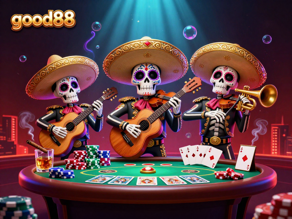 Experience high stakes with good88 as Dia de los Muertos skeletons celebrate at a vibrant poker game scene.