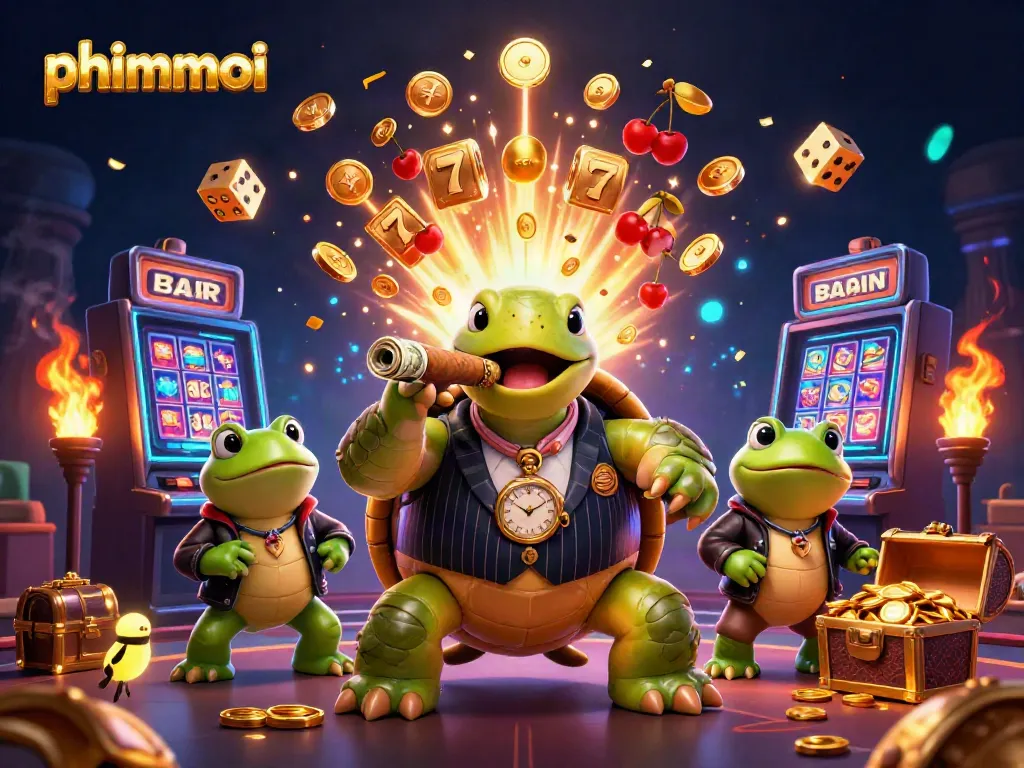 Watch the phimmoi snapping turtle and bullfrog enforcers celebrate casino wins in this vibrant illustration.