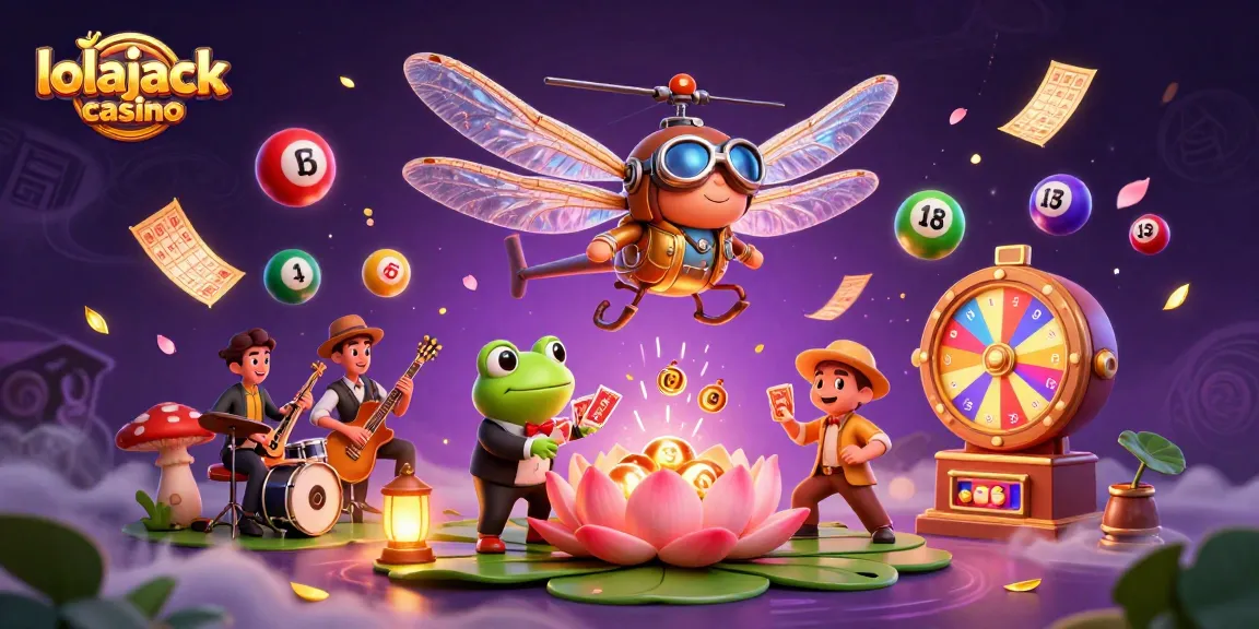 The energetic scene showcases lolajack casino with a dragonfly pilot above a lily pad casino, vibrant game elements creating excitement.