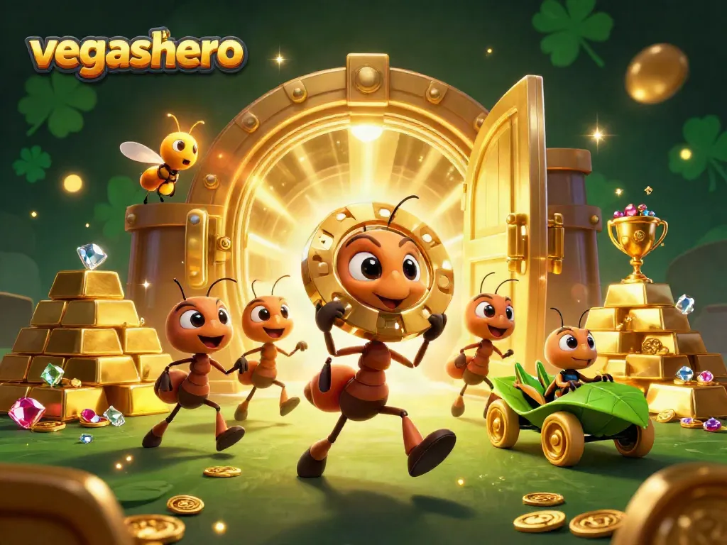 Experience a thrilling heist with vegashero featuring ants and golden poker chips in action.