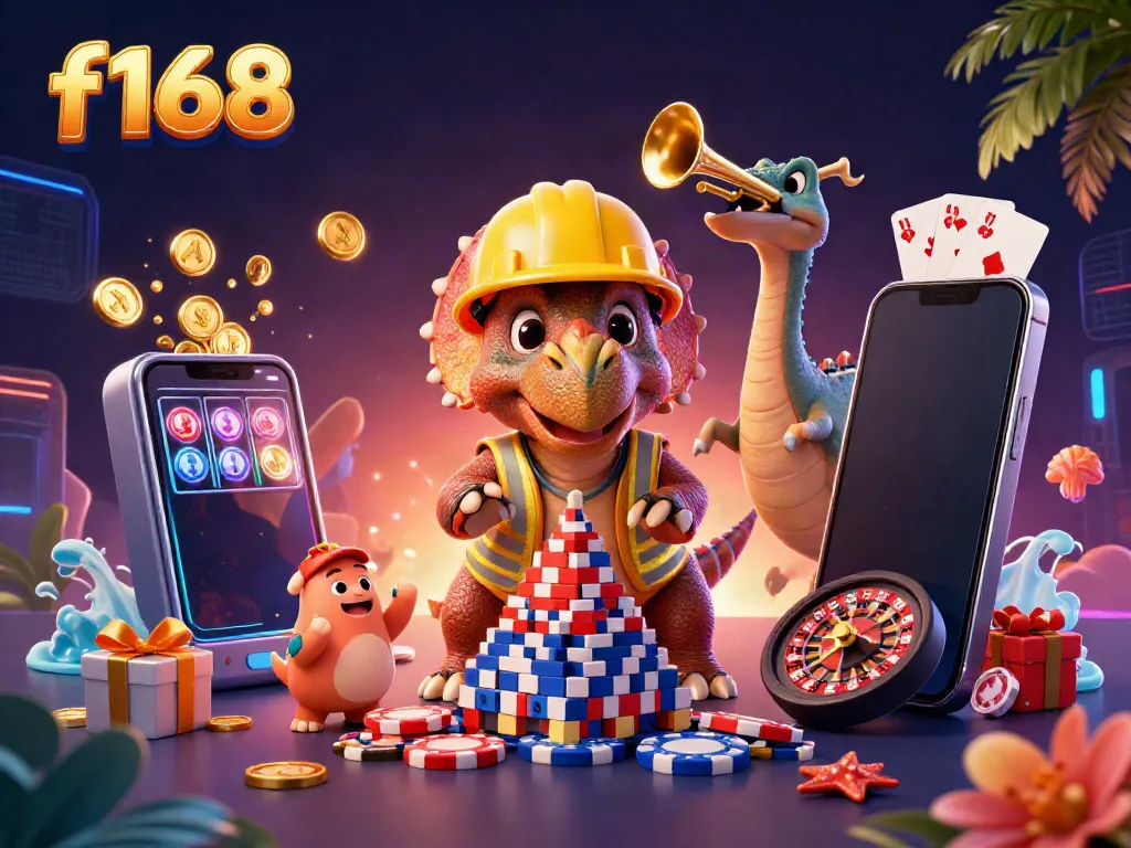 Experience exciting gameplay at F168 with a vibrant casino scene featuring dynamic characters and games.