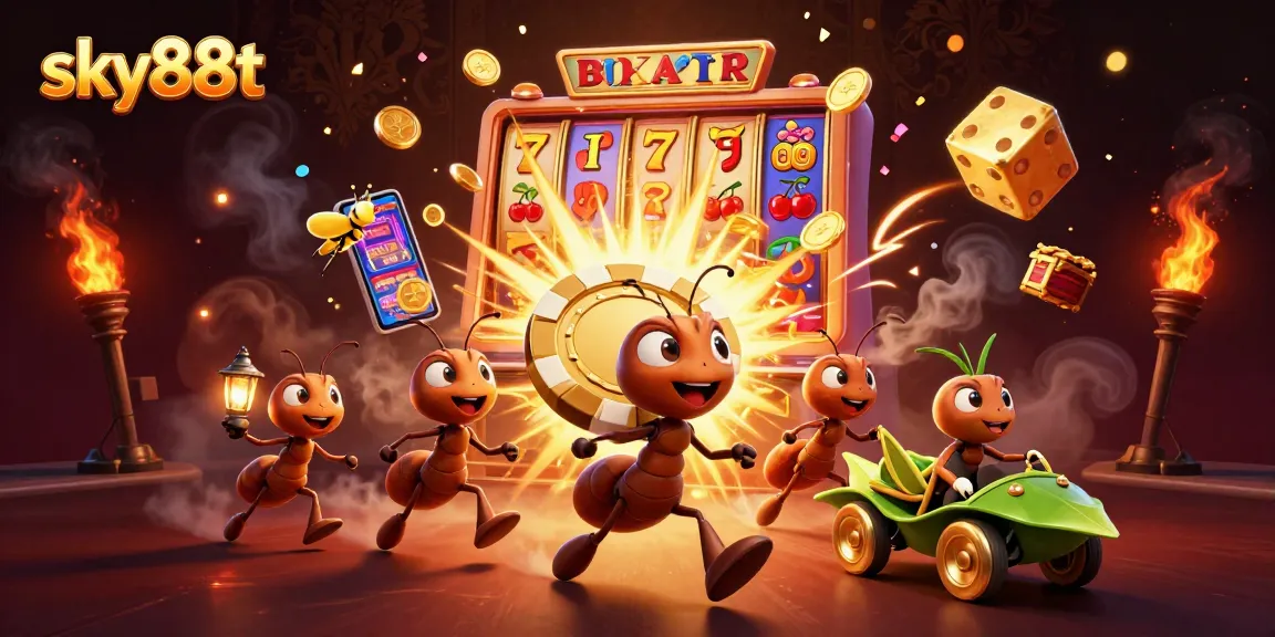 Experience the thrilling adventure at sky88t with ants escaping with a golden poker chip in this 3D casino heist scene.