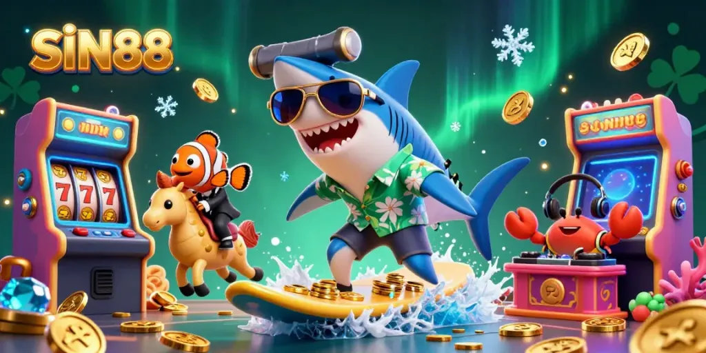 Experience thrilling gaming at SIN88 with a vibrant underwater casino scene featuring a shark, clownfish, and crab.