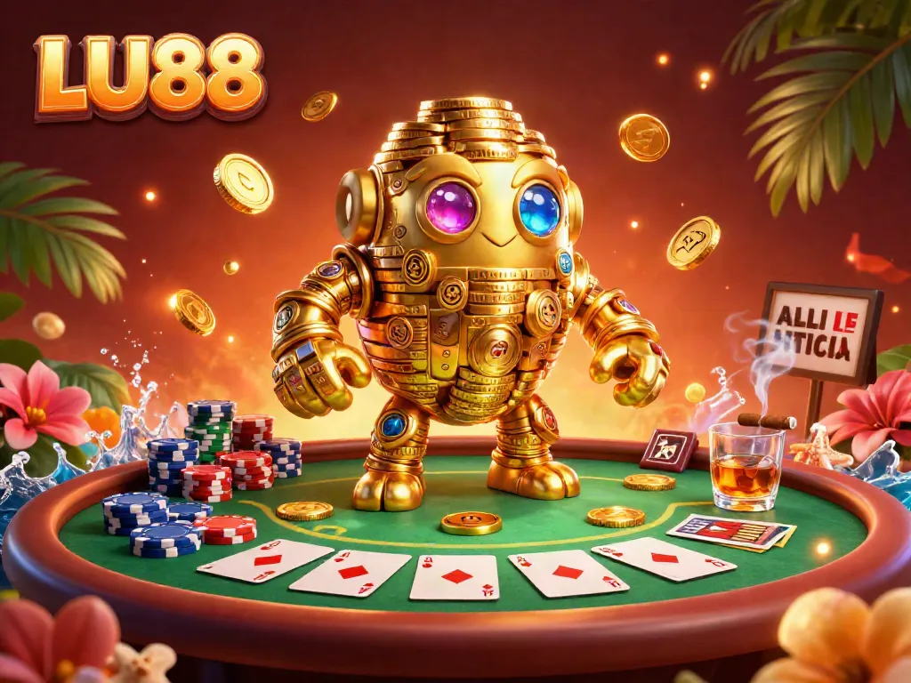 Experience the thrill of LU88 casino gaming with a captivating golden golem and dynamic poker setup.