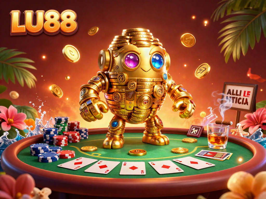 Experience the thrill of LU88 casino gaming with a captivating golden golem and dynamic poker setup.