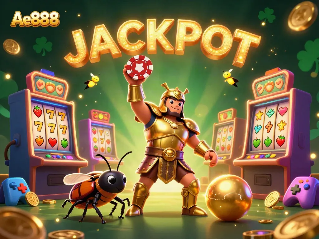 Experience the excitement of Ae888 with a 3D illustration featuring victorious characters amidst dynamic casino elements.
