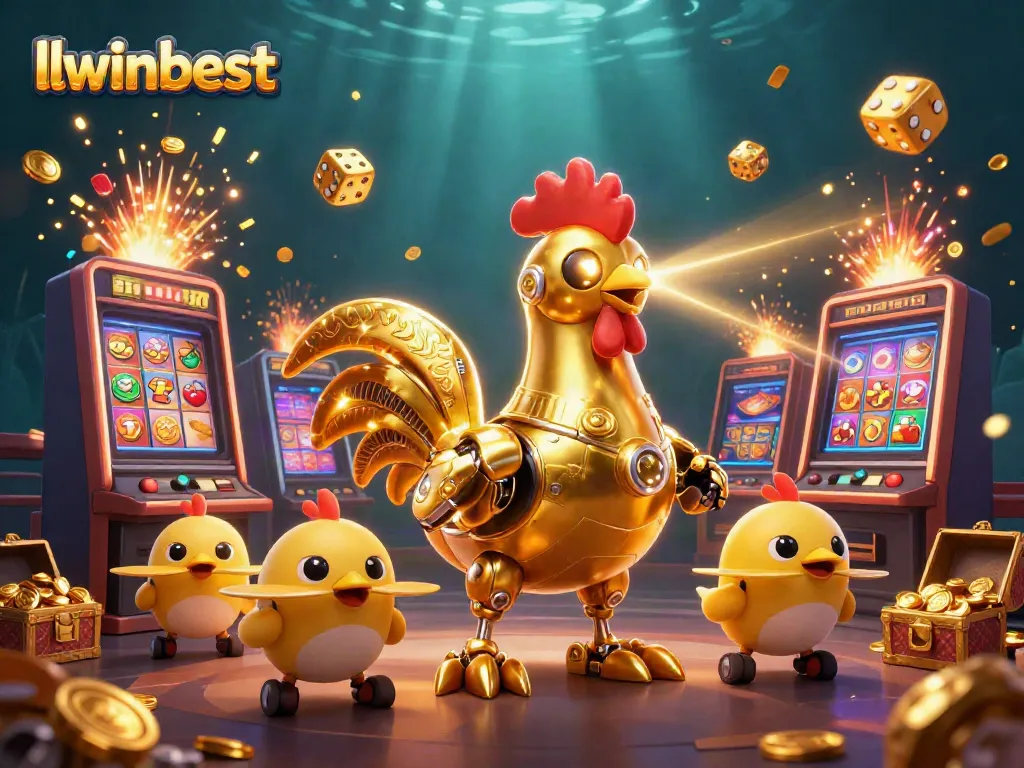 Experience the thrill of gambling with llwinbest featuring a futuristic golden rooster robot amidst a jackpot explosion.