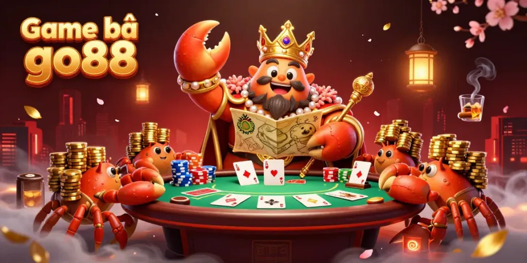 Experience the thrill of Game bài go88 with a golden crab emperor leading a vibrant poker scene.