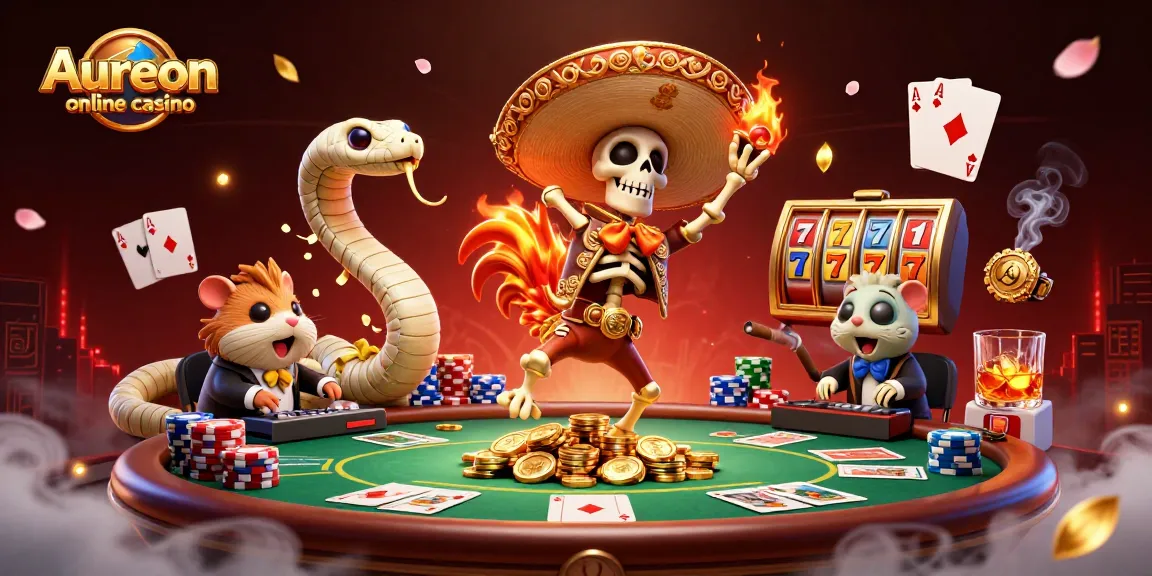 Aureon online casino showcases a lively scene with a cartoon mariachi rooster dancing on golden coins amid poker elements.