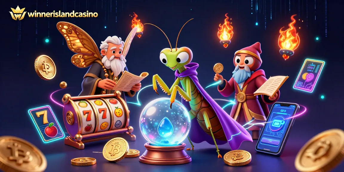 Experience thrilling games at winnerislandcasino with an exciting vibrant illustration of fortune tellers and gaming symbols.