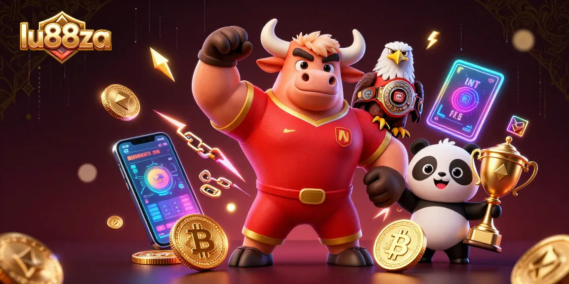 Experience exciting gaming at lu88za with a powerful bull mascot, eagle, and panda celebrating wins!