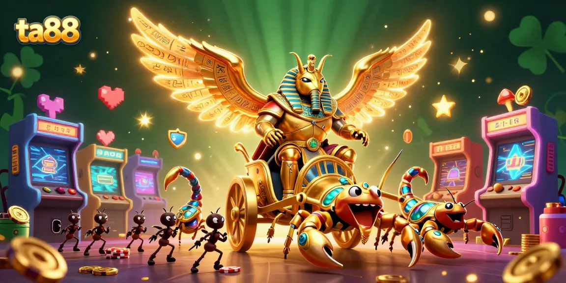 Experience TA88's thrilling casino adventure with vibrant game elements and a majestic scarab motif.