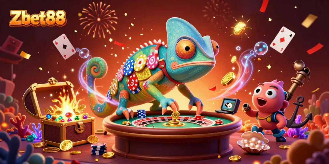 Zbet88 brings excitement with a colorful chameleon casino owner amidst dynamic gaming elements